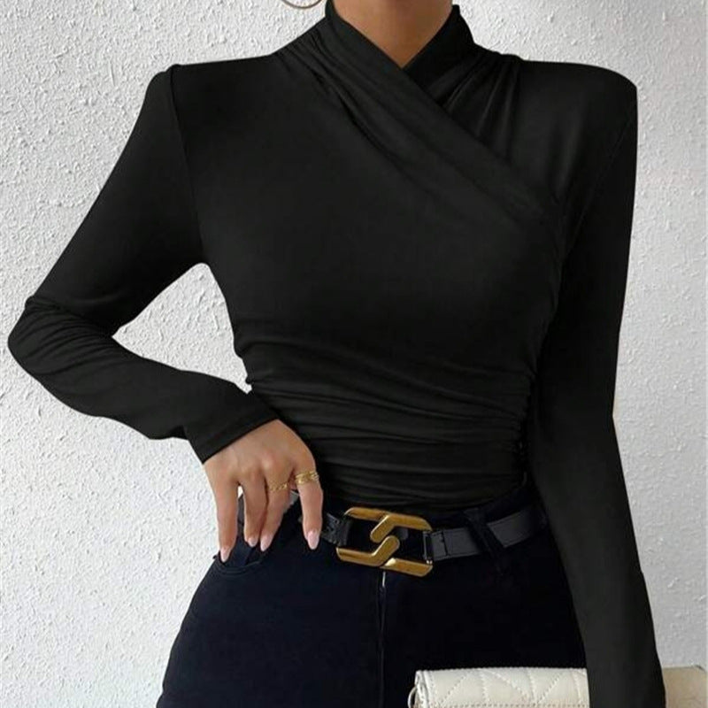 Chic women's fitted wrap neck long sleeve blouse, offering an elegant silhouette for any occasion. Modern fashion.