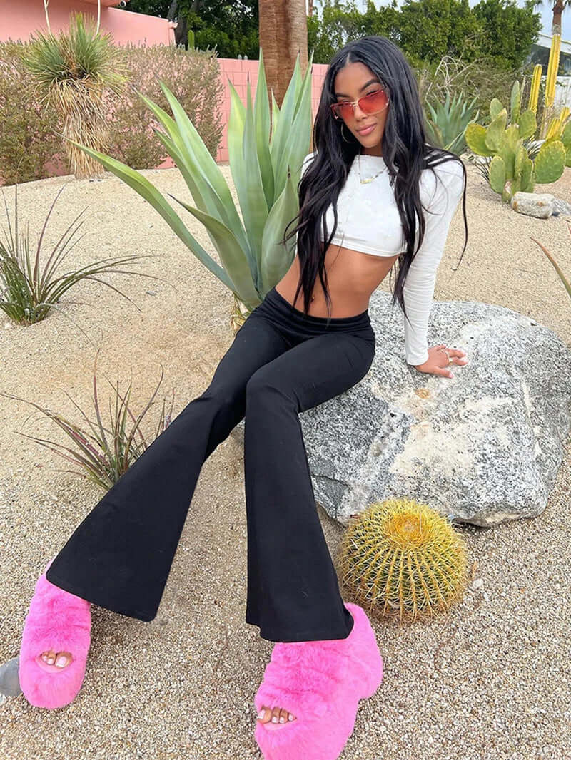 Daily wear women's low-rise flared pants, providing comfort and a stylish, versatile appeal.