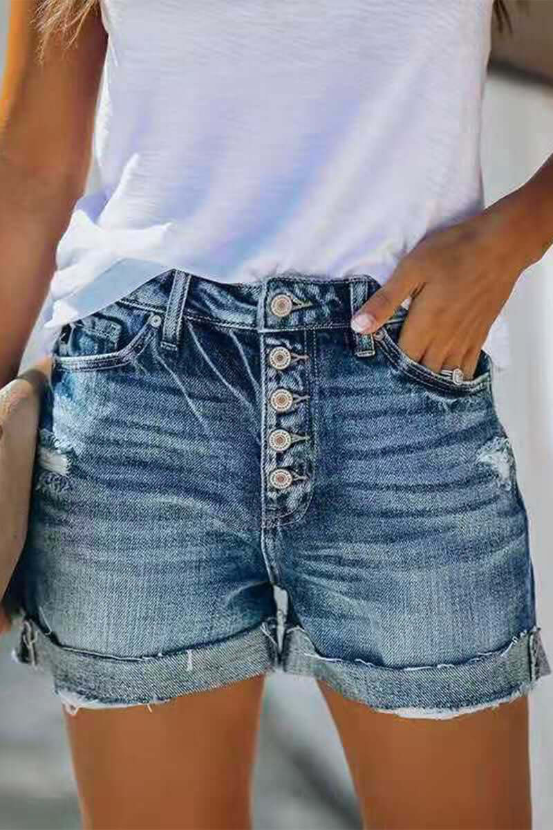 Women's flattering mid-rise blue denim shorts, perfect for comfortable summer casual wear.