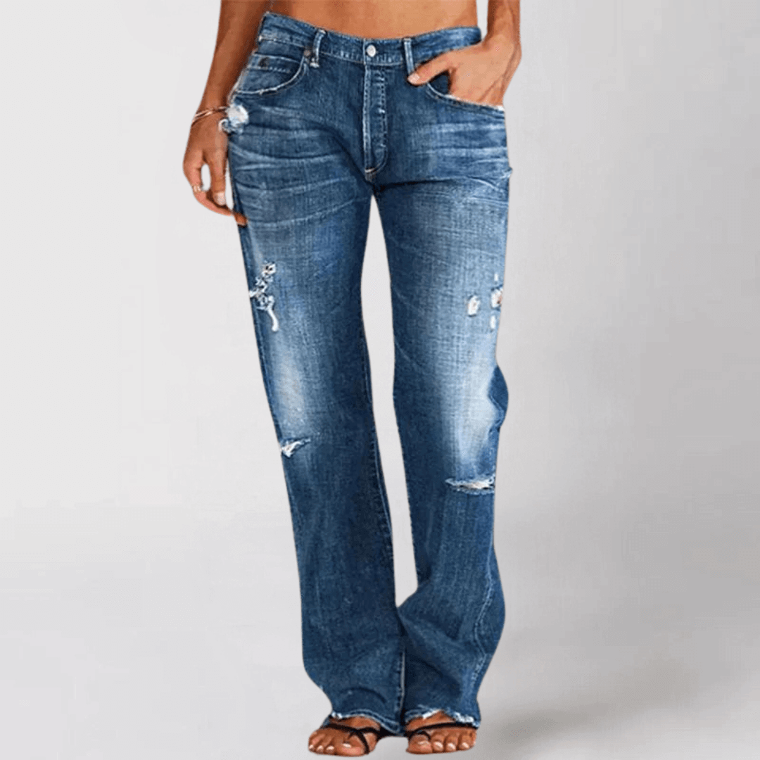 Stylish women's mid-rise stretch bootcut denim jeans, offering casual comfort for everyday wear.
