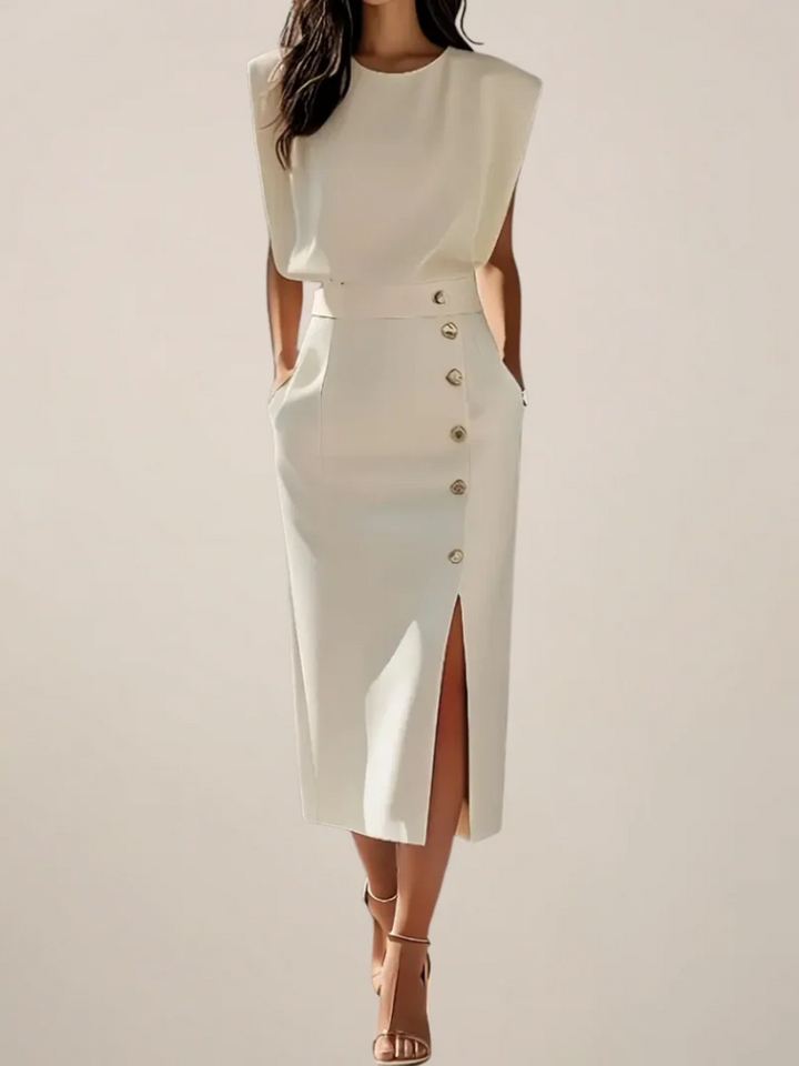 Women's flattering midi dress with side slit, perfect for elegant style & confidence.