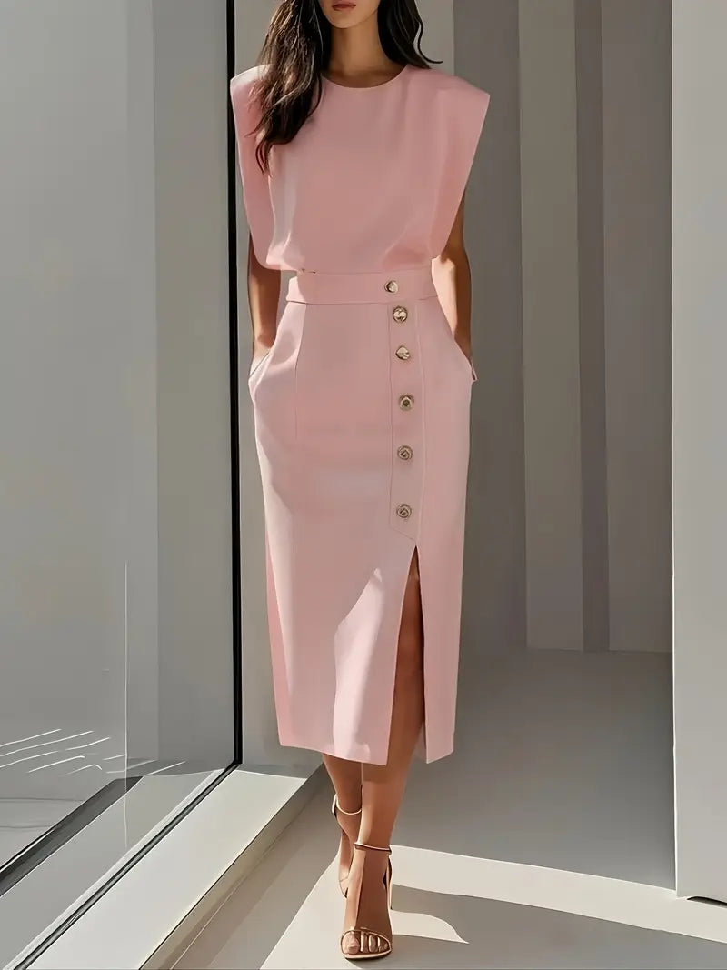 Cream midi dress with side slit, ideal for sophisticated party wear or casual chic women's fashion.