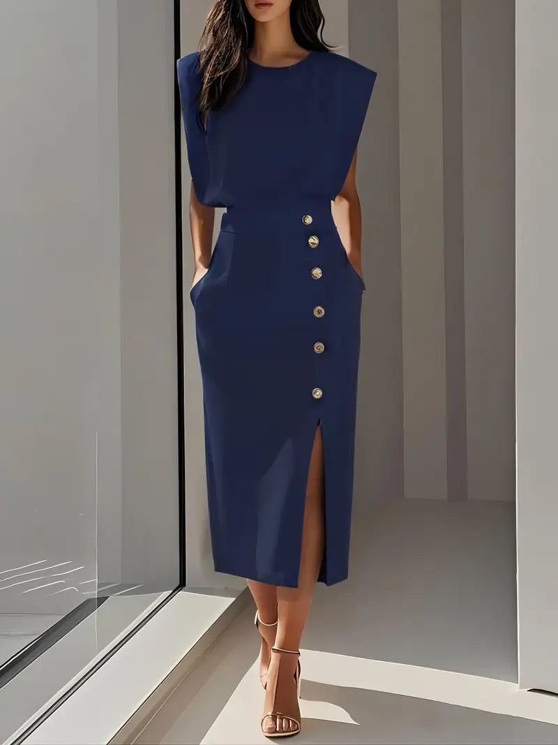 Pink women's midi dress, flattering design with a stylish side slit, versatile fashion.