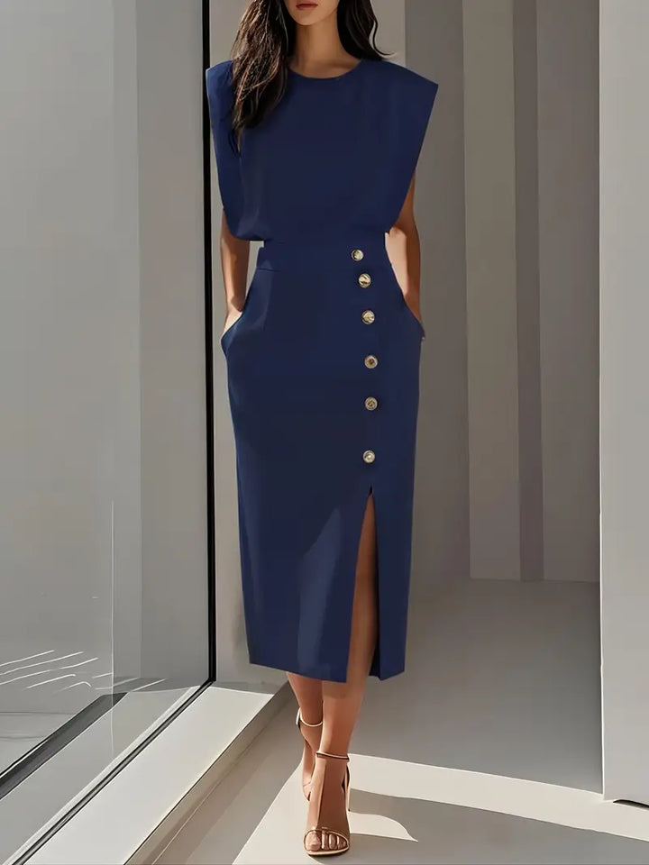 Pink women's midi dress, flattering design with a stylish side slit, versatile fashion.
