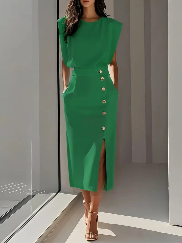 Black midi dress, women's flattering style with a side slit, boosting confidence & style.