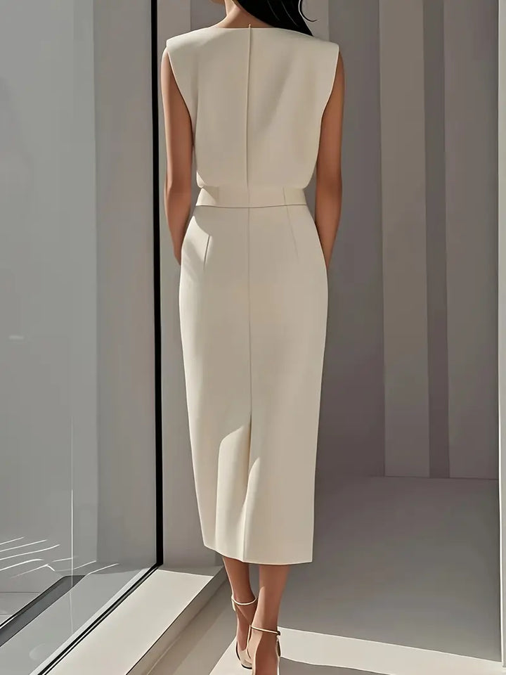 Versatile green midi dress for women, flattering cut with a chic side slit, casual to elegant.