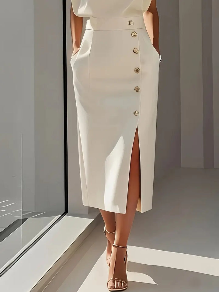 Elegant blue midi dress with side slit, women's flattering fashion, sophisticated party wear.
