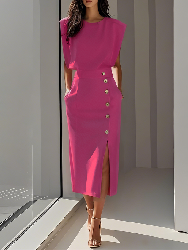 Woman wearing a flattering cream midi dress with a chic side slit, modern elegant style.