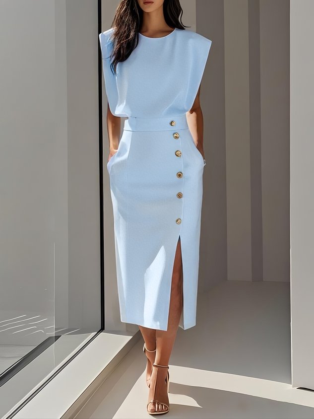 Soft, flattering black midi dress with a side slit, perfect for women's stylish comfort.