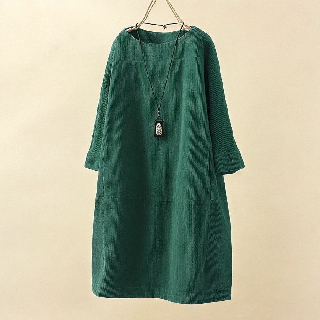 Curvy women's comfortable midi dress, flattering design with excellent tummy coverage.
