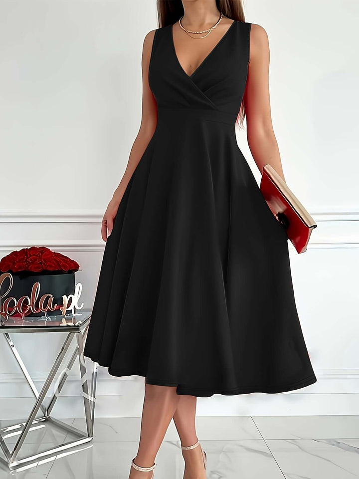 Elegant v-neck midi dress, perfect for cocktail parties, formal events, or evening wear.