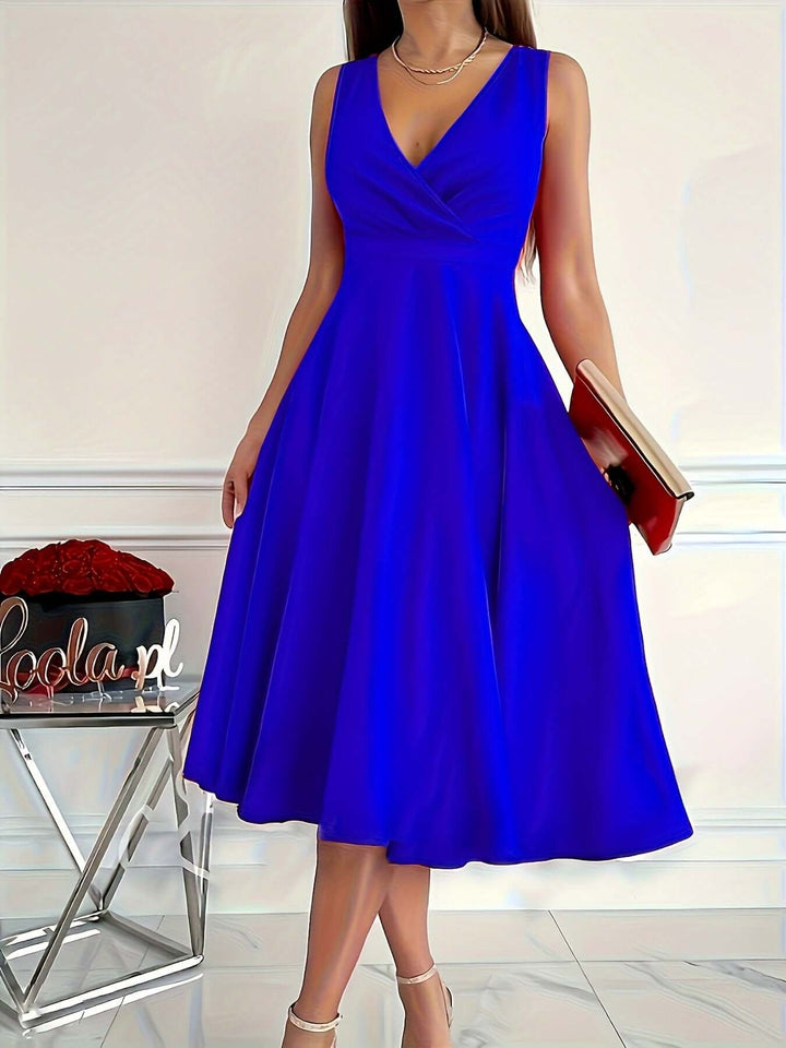 Stunning red v-neck midi dress, flattering and elegant for evening, cocktail, or date night.