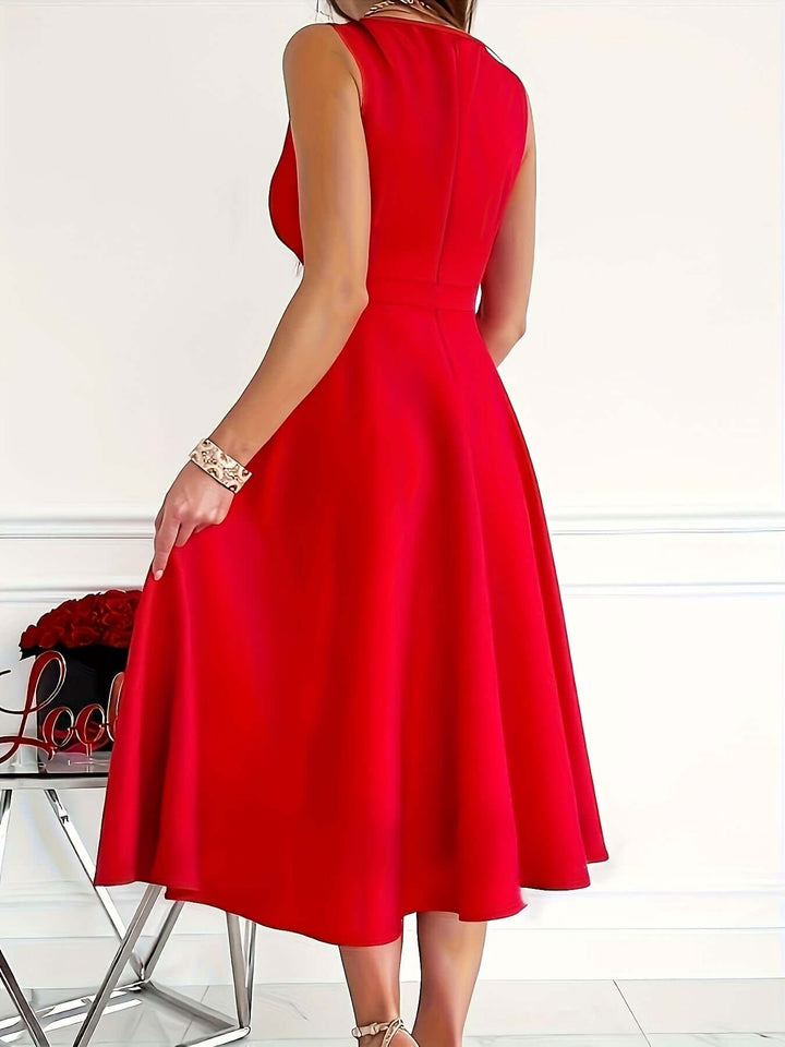 Comfortable & flattering v-neck midi dress, versatile women's elegant style for any event.