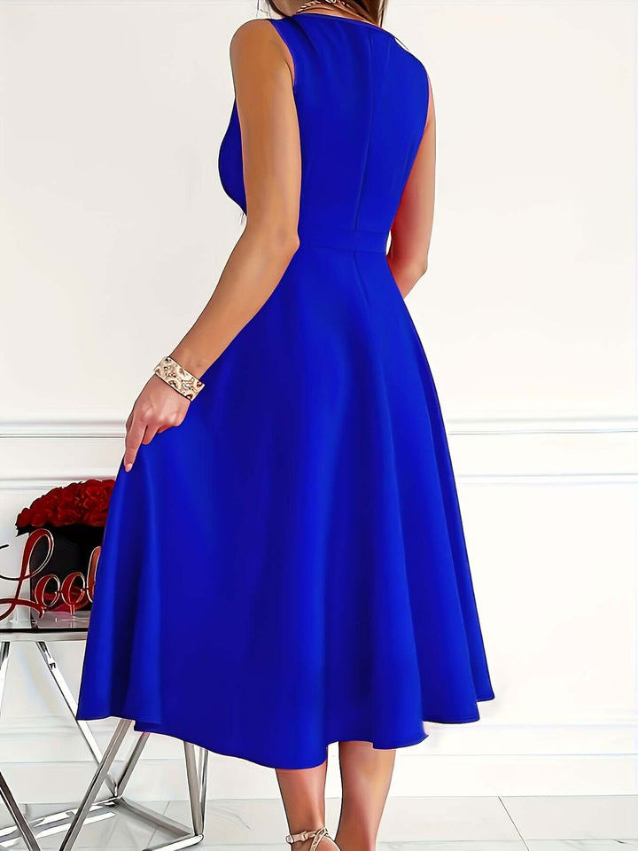 Sleeveless v-neck midi dress, elegant and flattering for women's special occasions & parties.