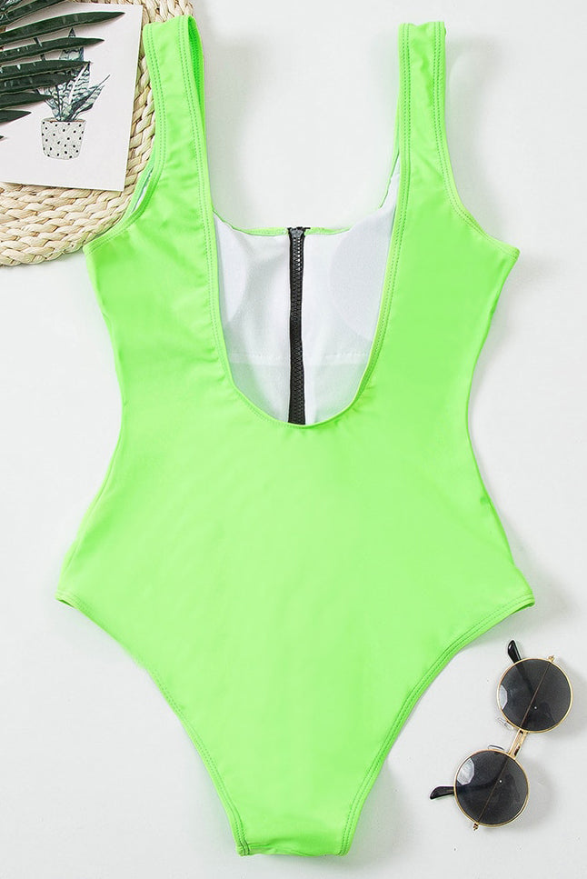 Women's modern V-neck zipper swimsuit, a flattering one-piece design perfect for elegant pool attire.