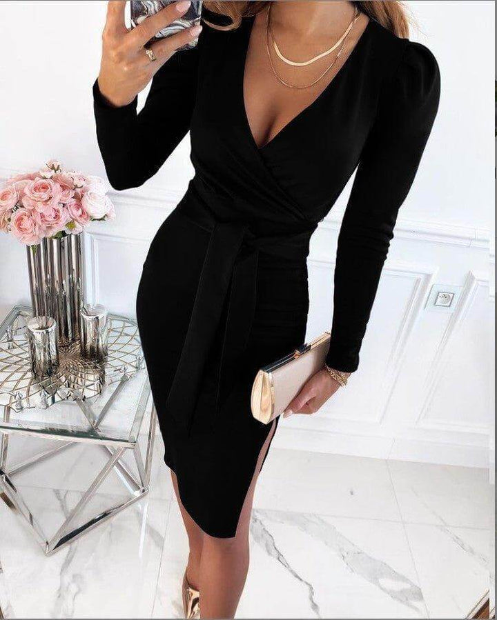 Women's flattering wrap dress, midi length, round neck. Elegant & comfortable for summer, office, or evening wear.