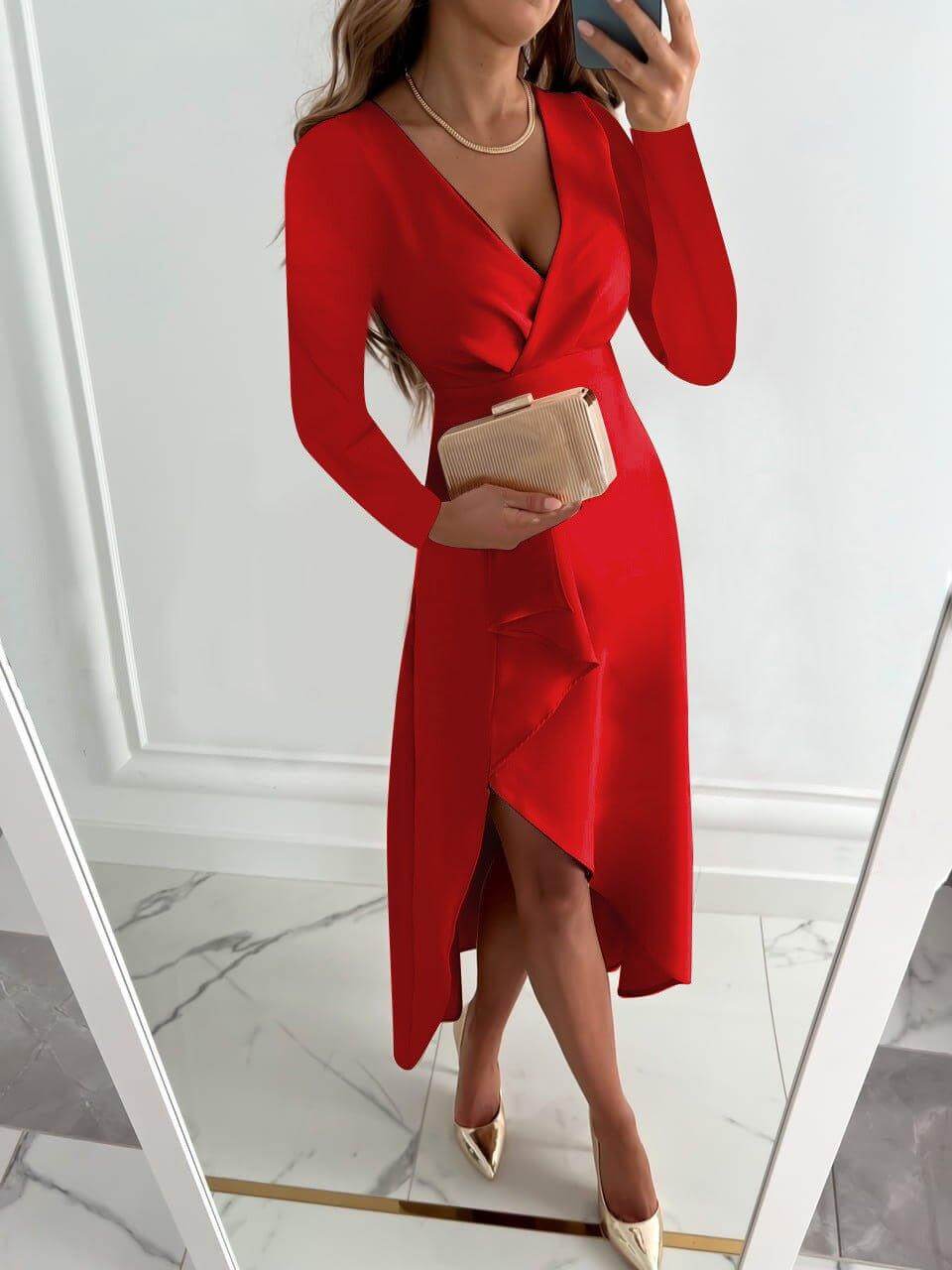 Flattering women's wrap midi dress in a comfortable, flowy design. Effortless elegance for office, evening & everyday.