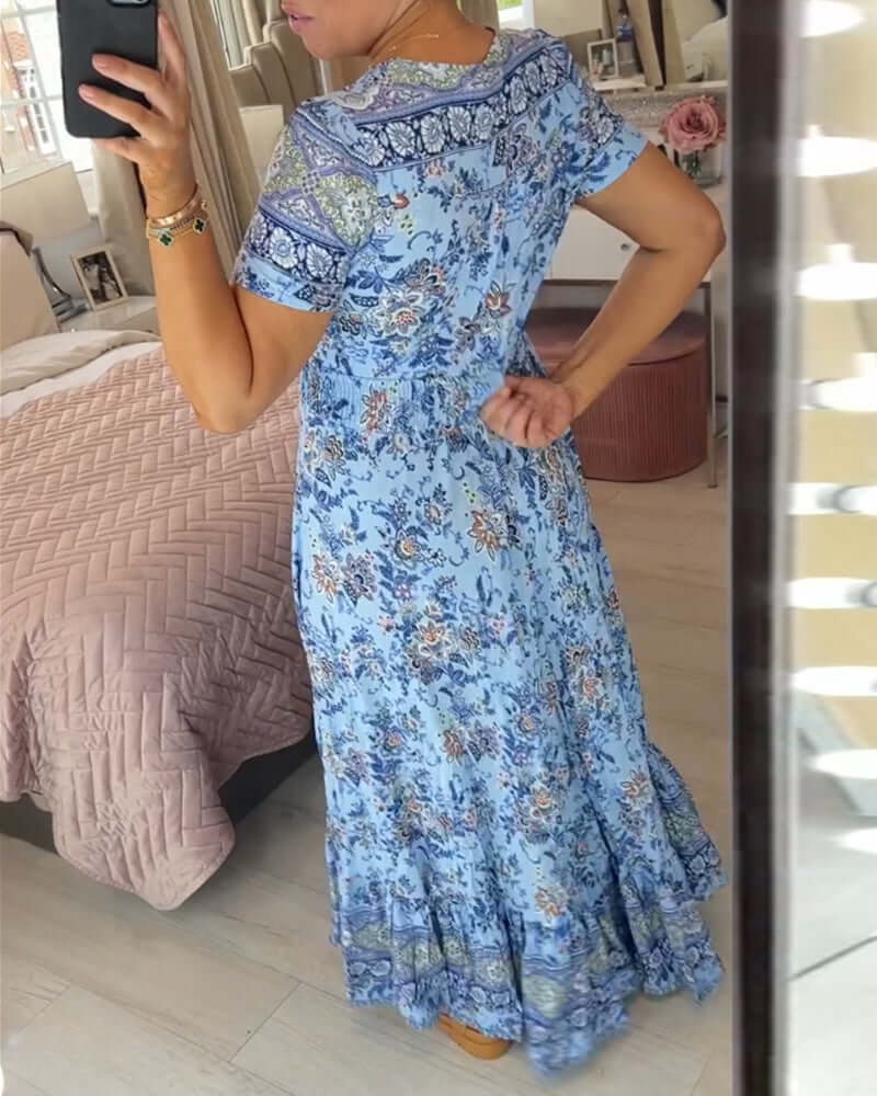 V-neck short sleeve floral boho maxi dress for women, a comfortable and stylish choice for summer beachwear.