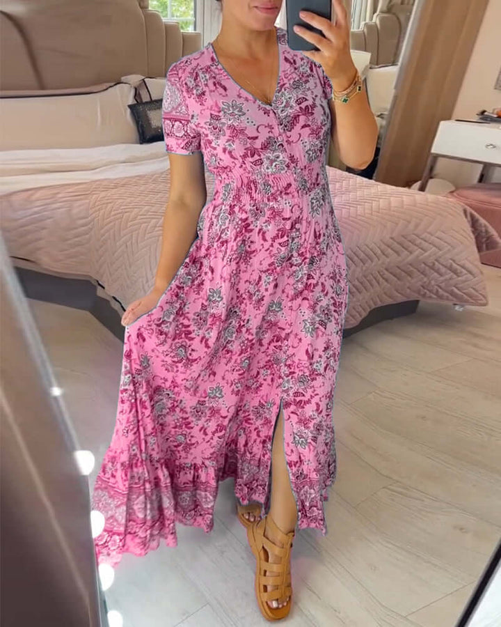 Flowing bohemian floral maxi dress for women, ideal beachwear or casual summer outfit with V-neck.