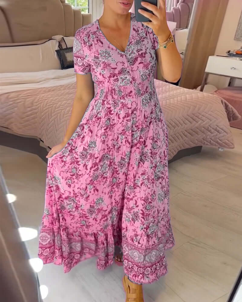 Polyester floral boho maxi dress for women, featuring a V-neck & short sleeves, great for summer vacation.
