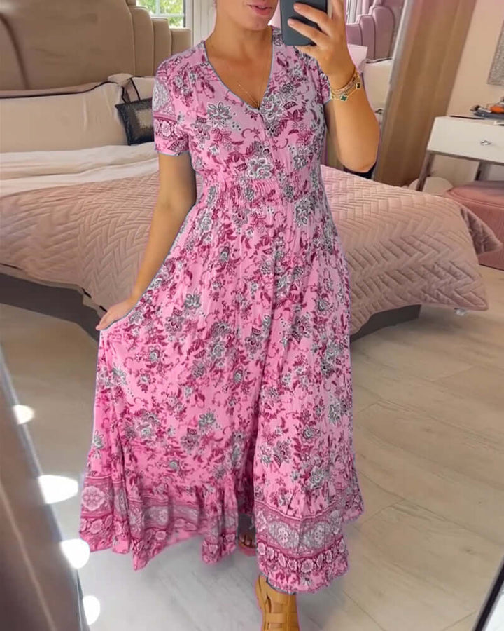 Polyester floral boho maxi dress for women, featuring a V-neck & short sleeves, great for summer vacation.