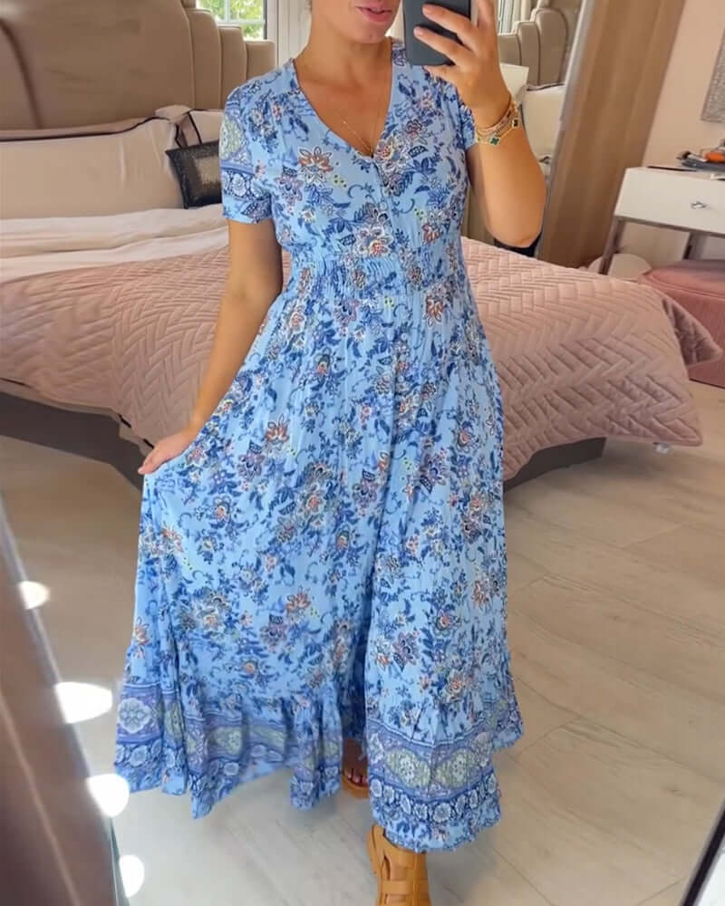 Bohemian floral maxi dress, women's V-neck, short sleeve, flowing style, perfect for summer beachwear.