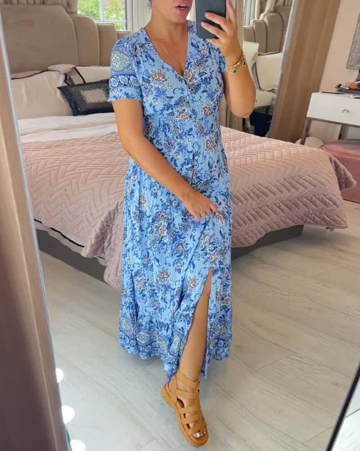 Women's floral print boho maxi dress, V-neck, short sleeves, flowing design, versatile for summer outings.