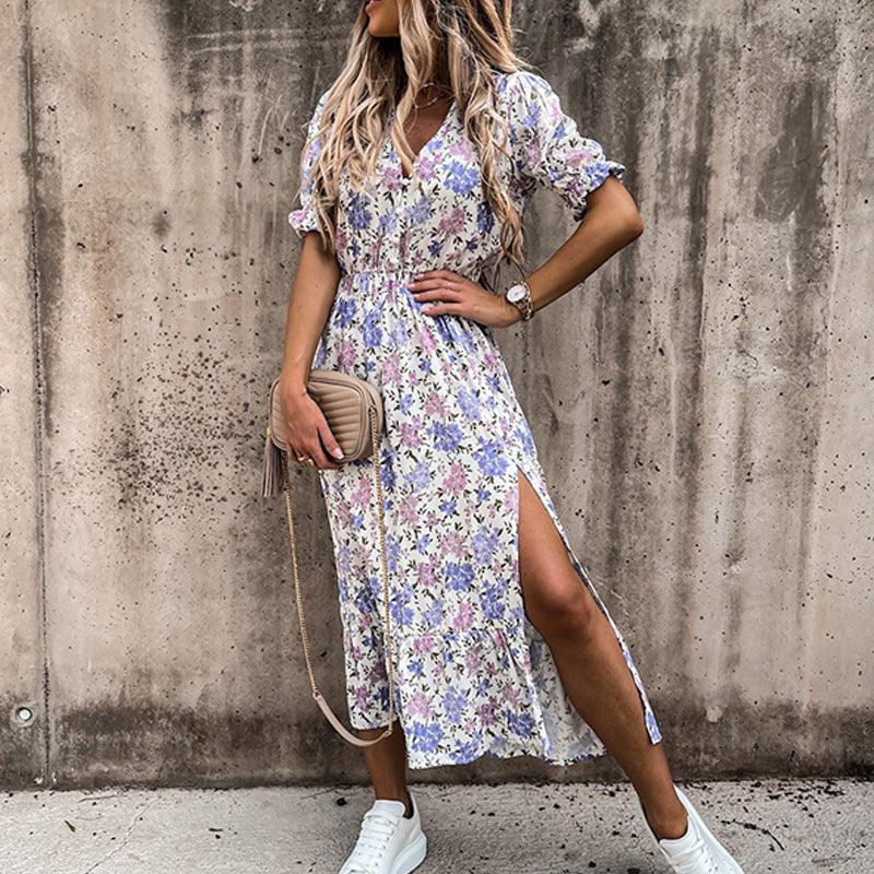 Elegant women's floral print maxi dress, a comfortable button-front design with a chic side slit.