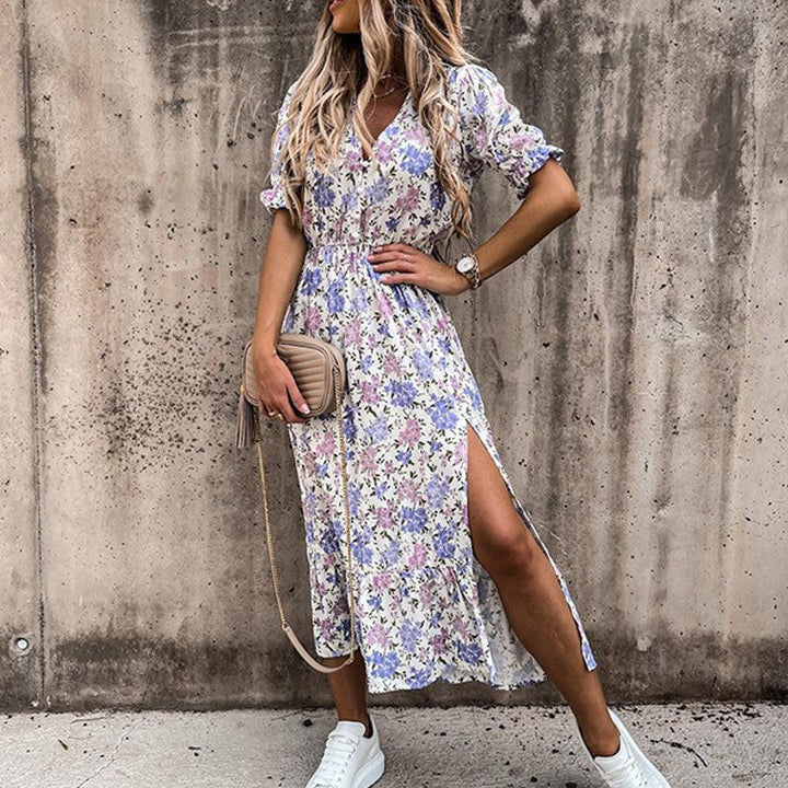 Elegant women's floral print maxi dress, a comfortable button-front design with a chic side slit.