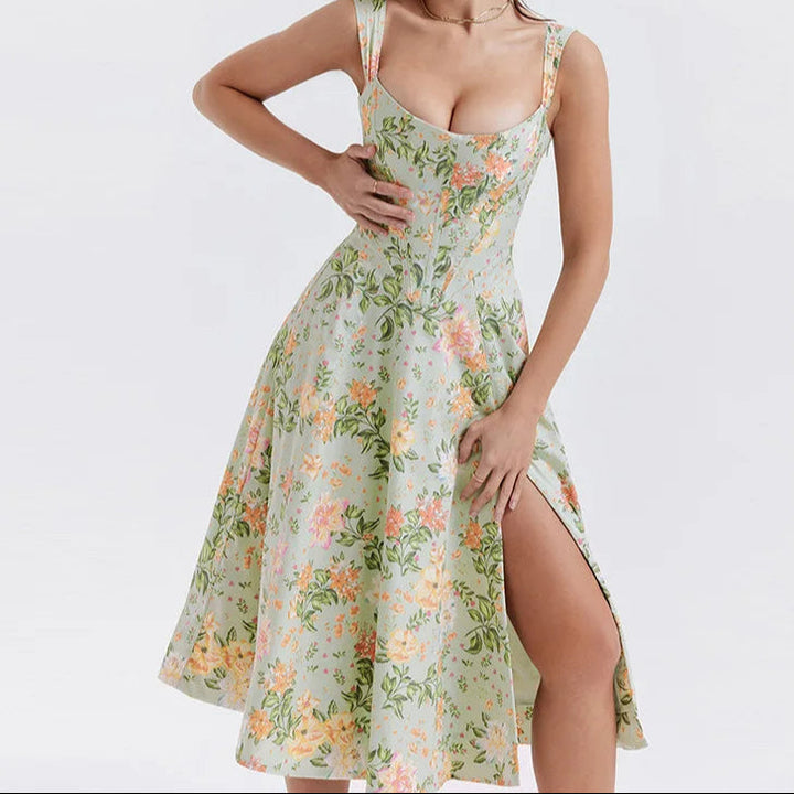 Sleeveless floral midi dress, a stunning women's occasion dress in green & orange prints.