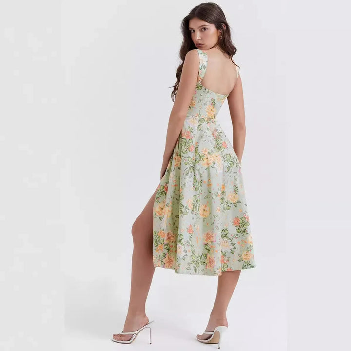 Sleeveless floral midi dress, an elegant women's party dress for stylish summer fashion.