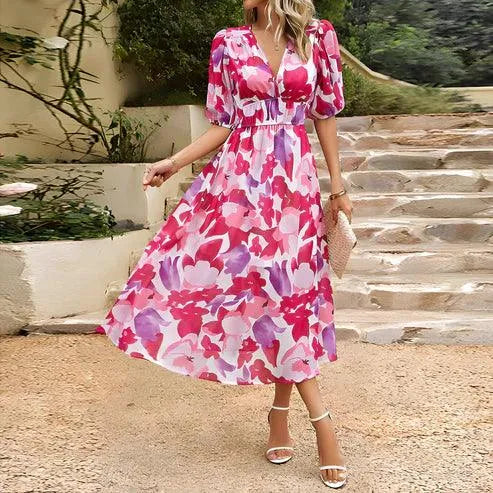 Elegant women's midi floral dress, V-neck, ideal for summer parties & race day fashion. Vibrant and chic.