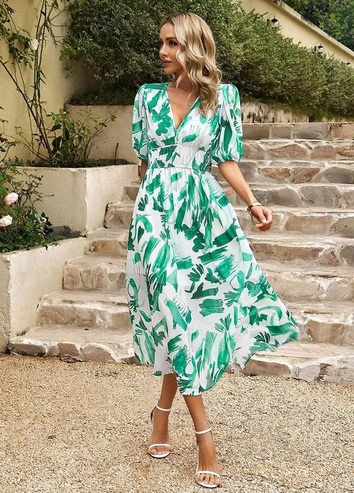 Stunning women's floral midi V-neck dress. Perfect elegant casual day dress for summer parties & race days.