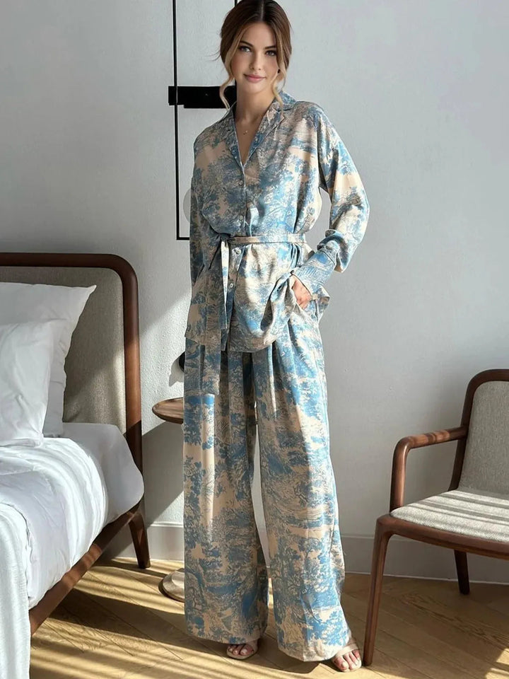 Casual chic women's floral co-ord set with relaxed fit and wide-leg pants, perfect for summer fashion.