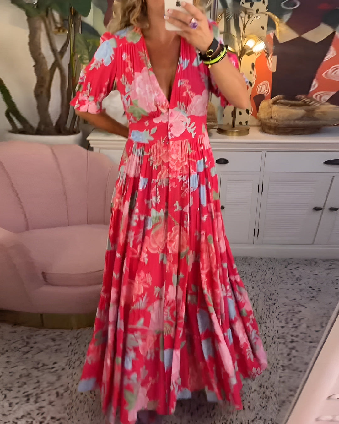 Women's floral print V-neck A-line dress with pockets, perfect for summer casual wear.