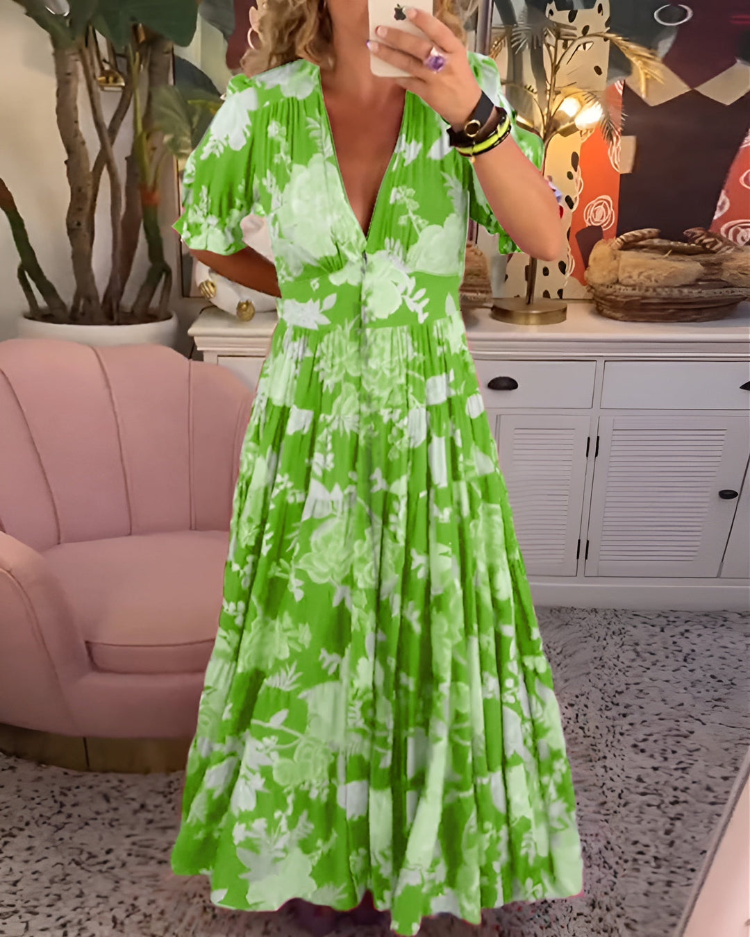 Vibrant floral print V-neck dress for women, featuring practical pockets & a comfortable fit.