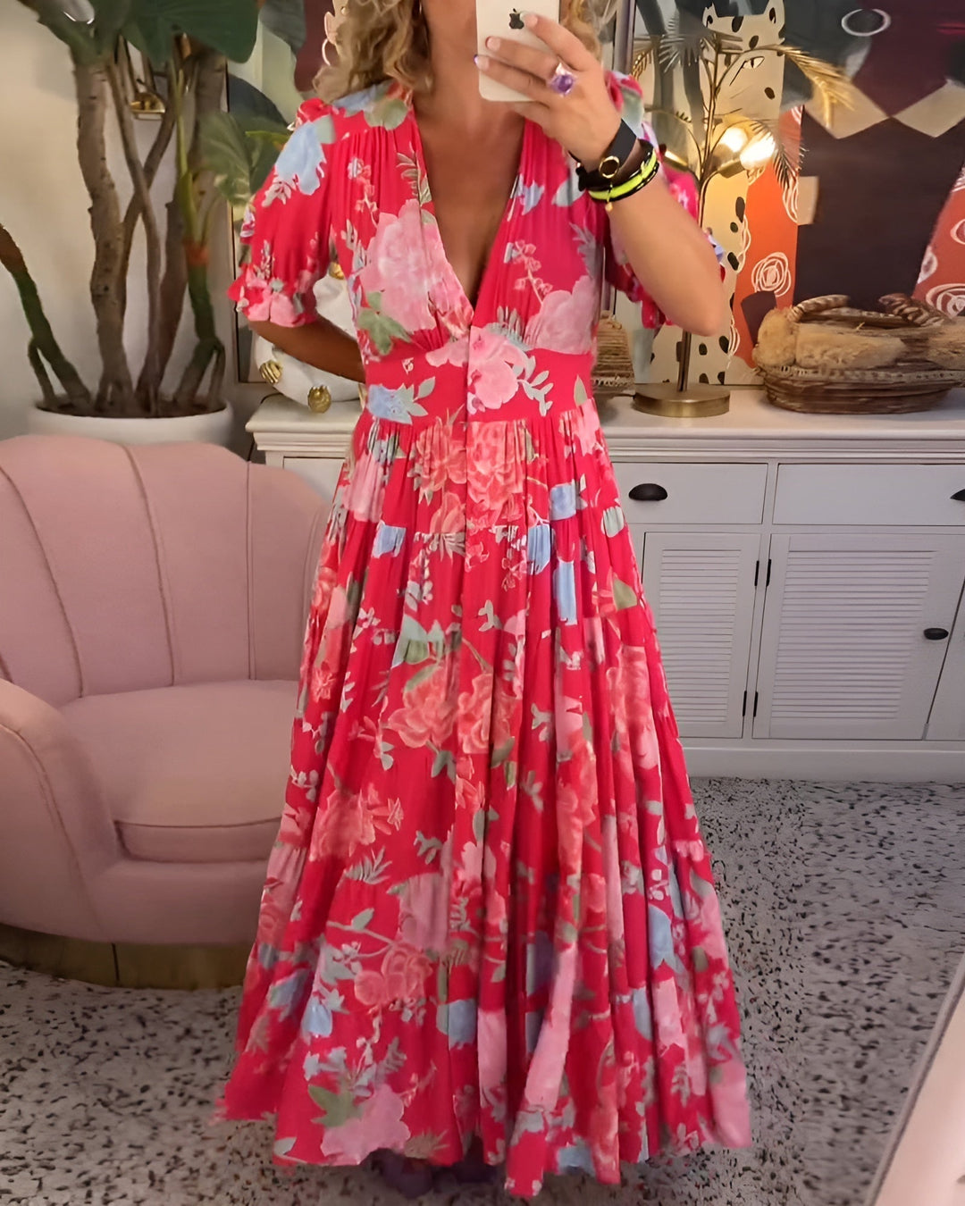 Elegant A-line floral print V-neck dress for women, a stylish & comfortable choice with pockets.