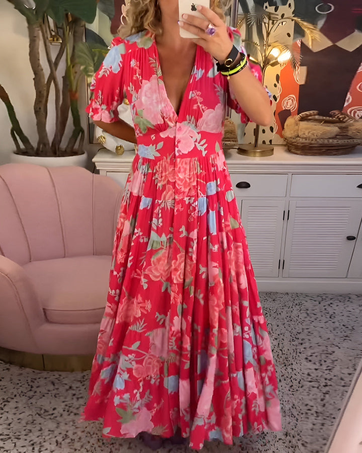 Elegant A-line floral print V-neck dress for women, a stylish & comfortable choice with pockets.