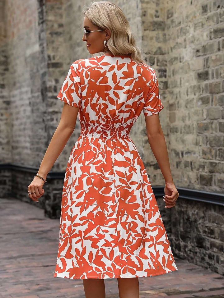 Beautiful women's smocked floral midi dress with puff sleeves, a perfect elegant casual summer dress.