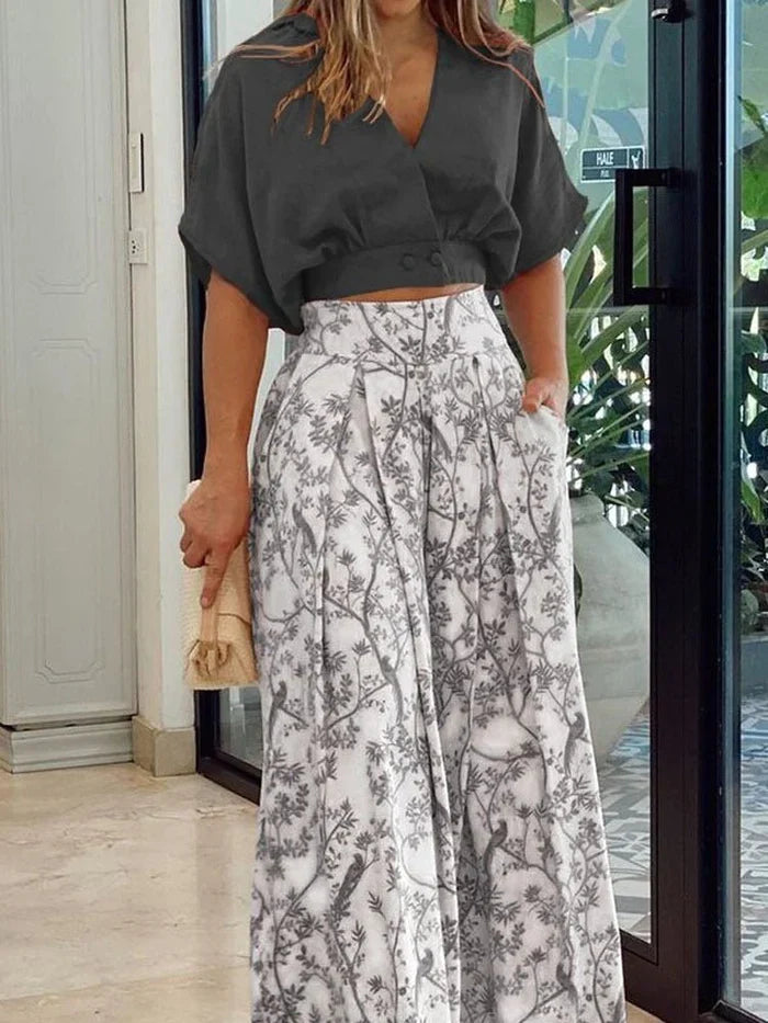 Chic women's floral two-piece set featuring a wide-leg pant and matching top, ideal for summer casual wear.
