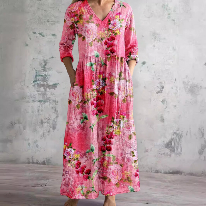 Women's casual floral V-neck summer dress. Flattering midi length, perfect for warm weather and day wear.
