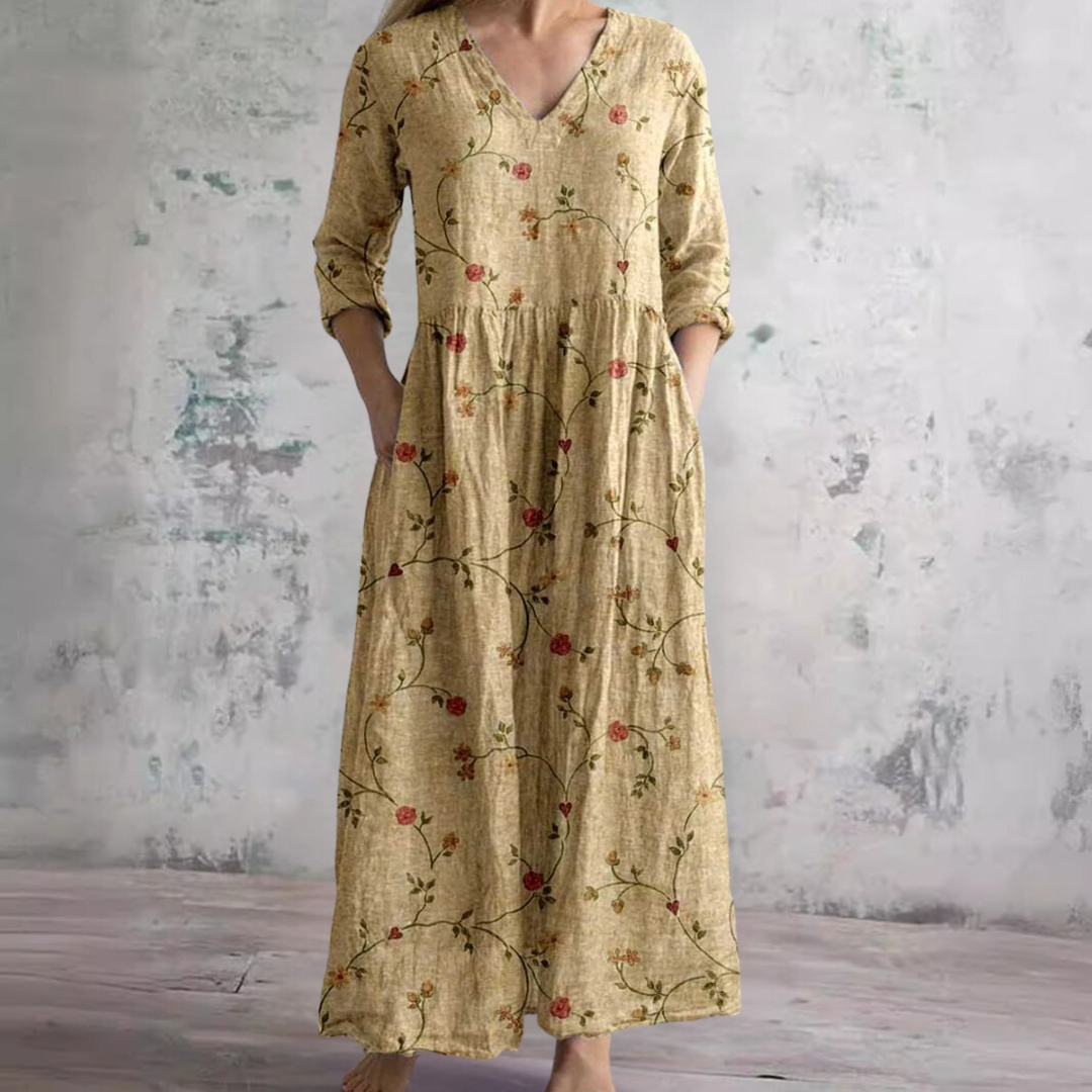 Feminine floral print V-neck summer dress for women. Breezy comfort and elegant style for warm weather outings.