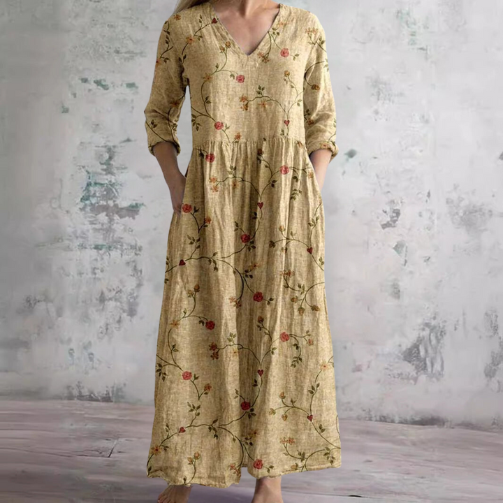 Feminine floral print V-neck summer dress for women. Breezy comfort and elegant style for warm weather outings.