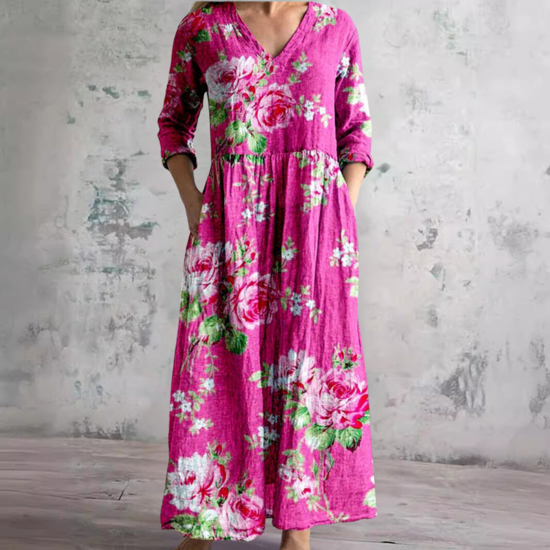 Stylish women's floral V-neck midi dress. Perfect summer day dress, offering flattering fit and breezy comfort.