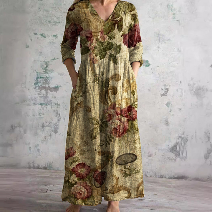Casual women's floral V-neck summer dress, designed for breezy comfort. Flattering style for warm weather.