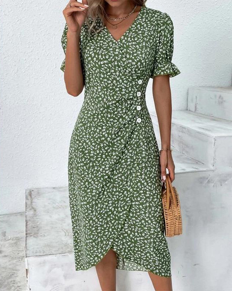 Women's floral wrap midi dress with elegant V-neck and stylish puff sleeves, perfect for summer fashion.