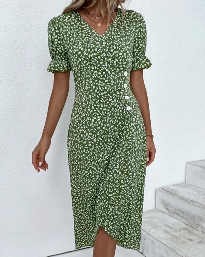 Elegant women's floral wrap midi dress, V-neck, puff sleeves. Ideal for spring casual wear or vacation.