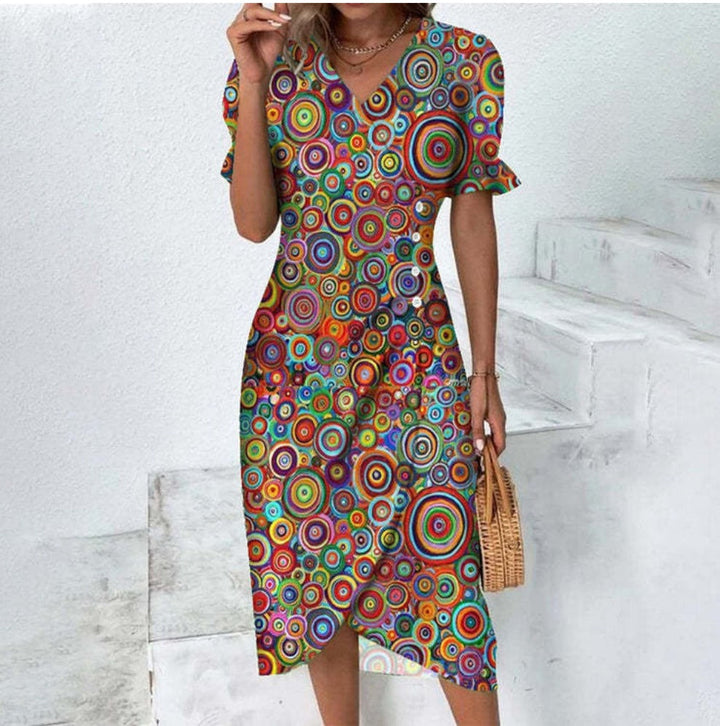 Stylish women's floral wrap midi dress. V-neck, puff sleeves. Perfect elegant casual wear or summer dress.