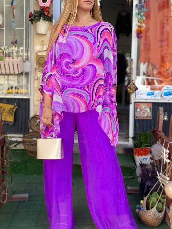 Colorful women's elegant chiffon two-piece set, versatile for stylish summer events.