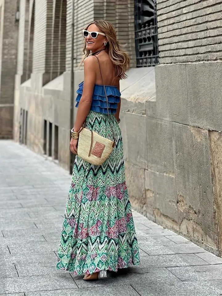 Multicolor tiered boho maxi skirt for women, featuring a long, flowing summer style.